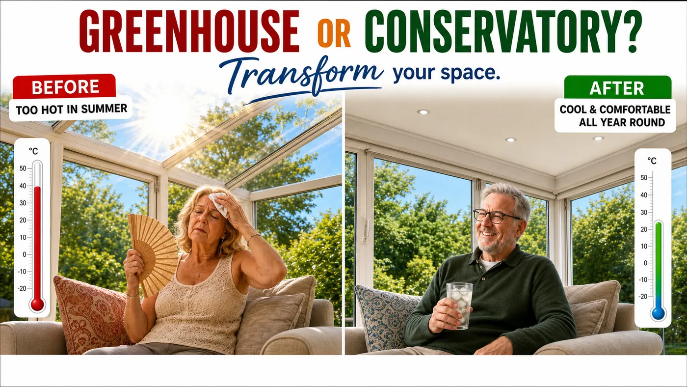 An exposed conservatory roof that allows strong summer heat and glare into the room